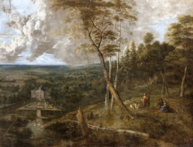 Uden, Lucas van V�DETT - NO EXPORT (Antwerpen, 1595 - Antwerpen, 1672/73) - T�j p�sztorokkal, a v�lg : T�j p�sztorokkal, a v�lgyben kast�llyal, j.j.l.:, Lucas v Uden 16, olaj, v�szon, Prov.: kor�bban a Kar�tsonyi gyujtem�nyben, Ernst M�zeum Aukci�i, 1921. 239. sz. IV. t�bla